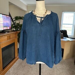 Old Navy Drawstring Ruffle V Neck Top Blue  Dark Wash Women Size Small
